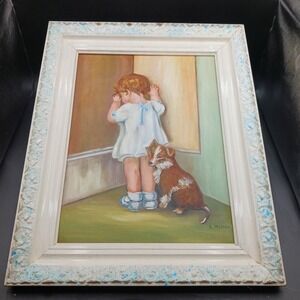 VTG Oil Board Painting Toddler & Puppy "In Disgrace" Framed 16.5X 20.5" A.Moreau